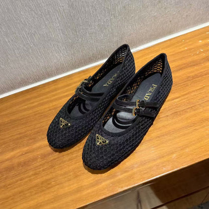 PRADA BALLERINAS BALLET FLATS IN BLACK MESH FABRIC