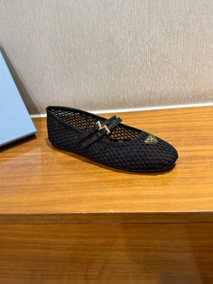 PRADA BALLERINAS BALLET FLATS IN BLACK MESH FABRIC