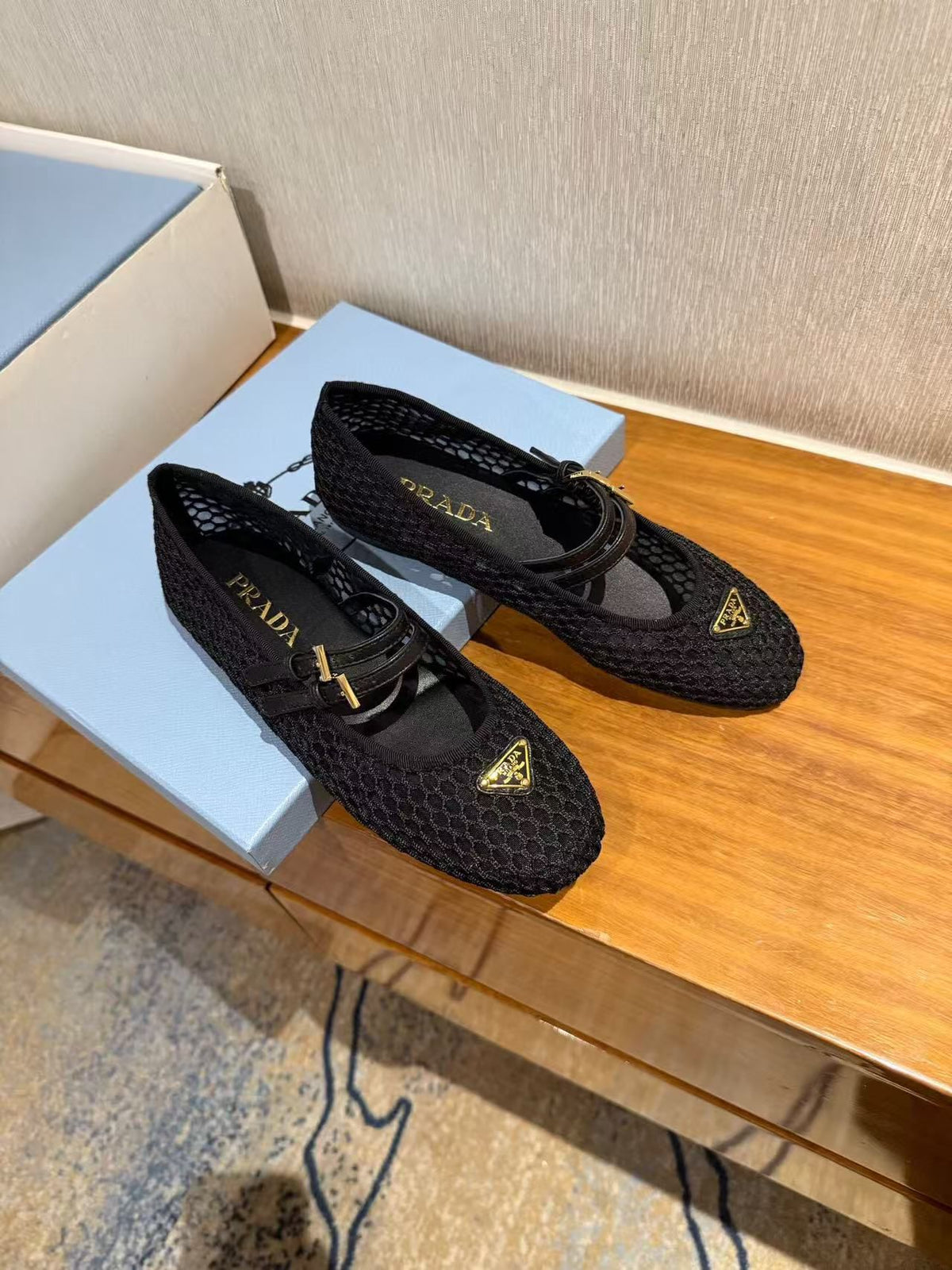 PRADA BALLERINAS BALLET FLATS IN BLACK MESH FABRIC