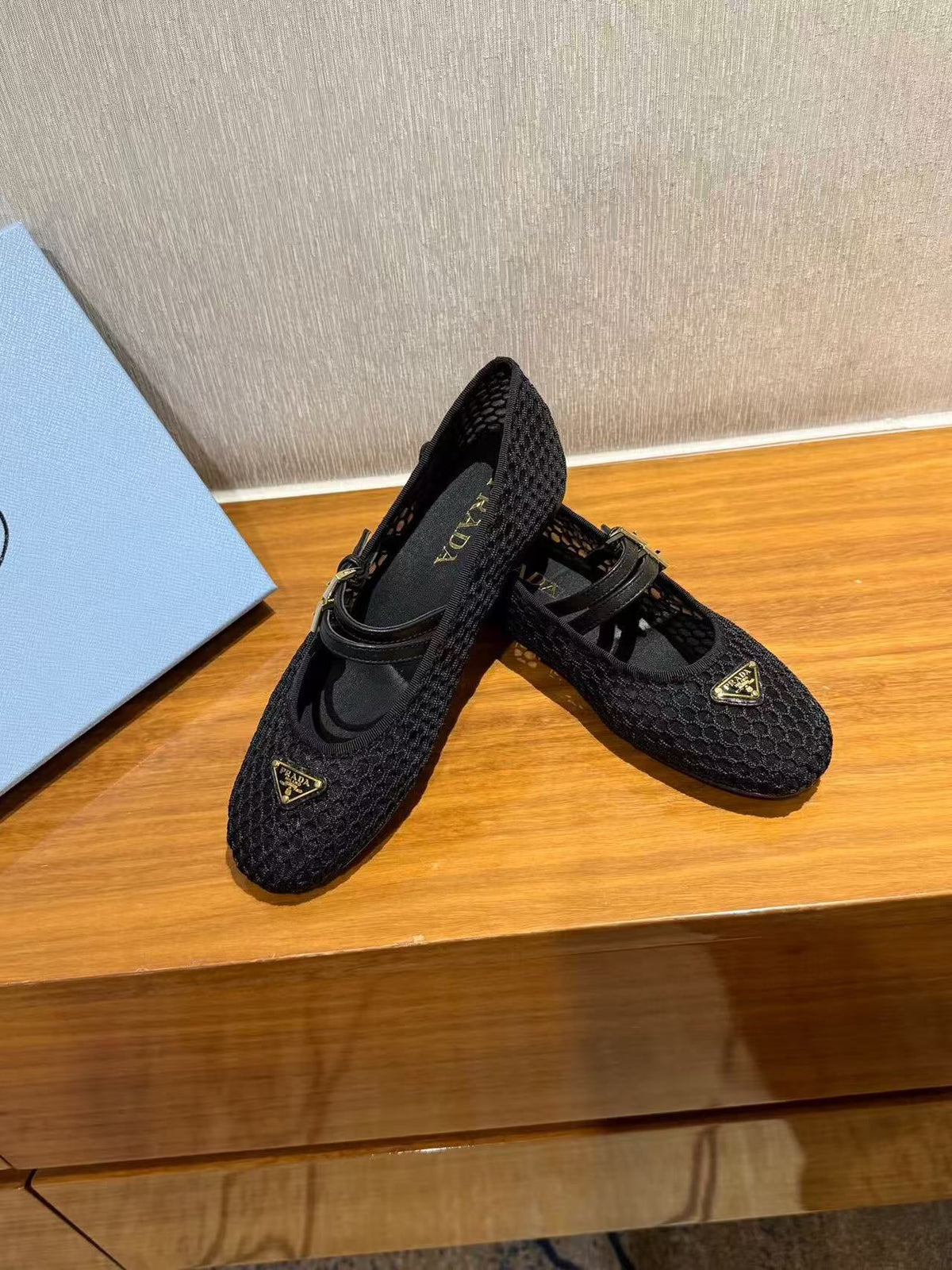 PRADA BALLERINAS BALLET FLATS IN BLACK MESH FABRIC