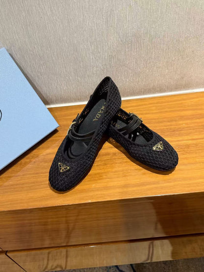 PRADA BALLERINAS BALLET FLATS IN BLACK MESH FABRIC