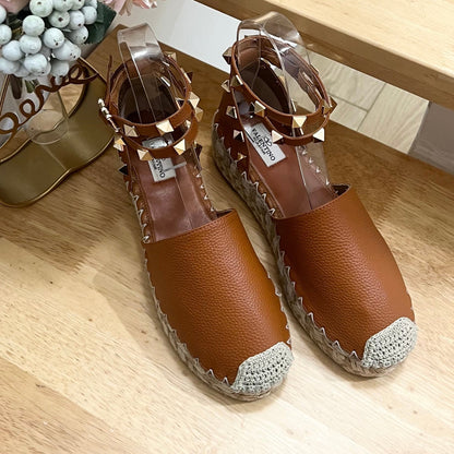 BRONZE BROWN LEATHER ROCKSTUD ESPADRILLES ANKLE STRAP FLATS