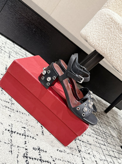 VLTN STUDDED BLOCK HEEL SANDALS 25S 60 MM IN BLACK LAMBSKIN