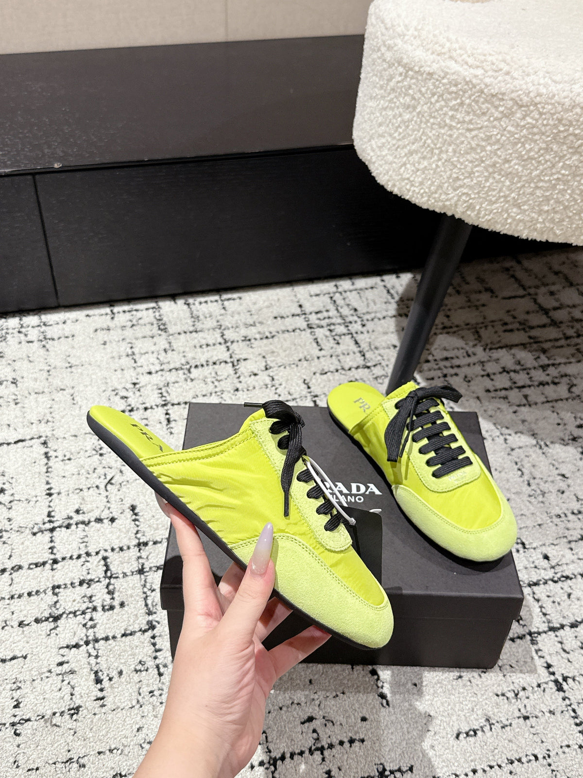 PRADA 25S DEXUN MULE IN LIME GREEN SUEDE LEATHER