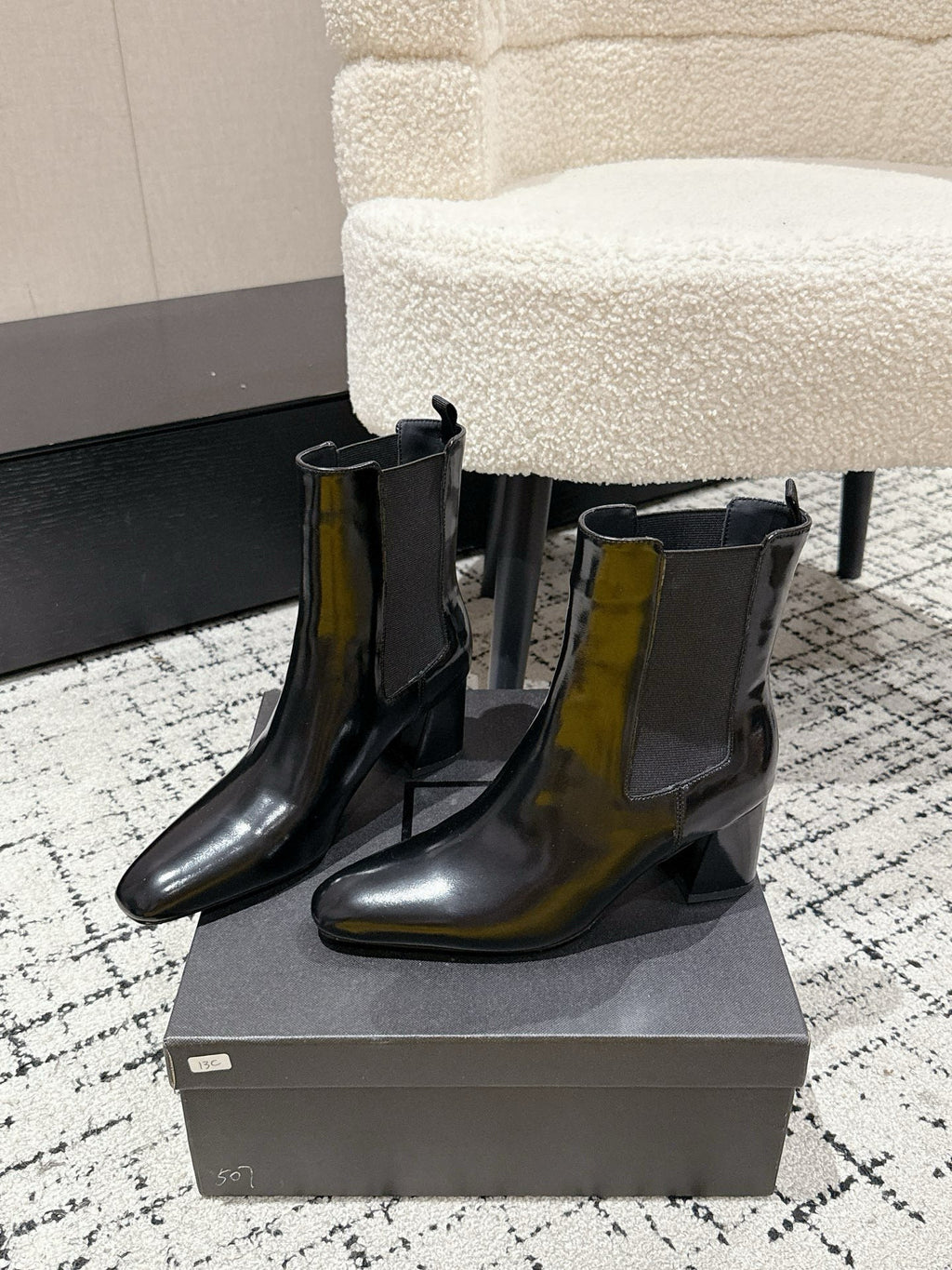 YSL 25S HEELED ANKLE BOOTS 70 MM IN BLACK SHINY LAMBSKIN