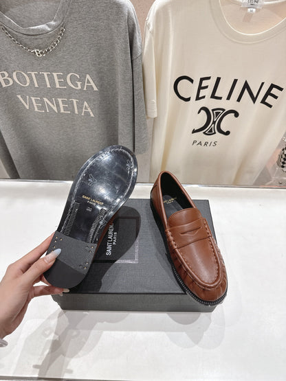 YSL 25S LOAFERS IN CHESTNUT BROWN LAMBSKIN WITH GOLD HARDWARE