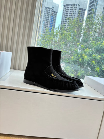 YSL 25S ANKLE FLAT BOOTS IN BLACK SUEDE WITH SIDE ZIPPER