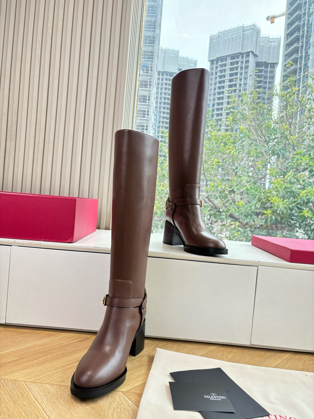 VALENTINO 25S HIGH-CUT SIGNATURE LOGO BOOTS 60 MM IN BROWN CALFSKIN WITH GOLD HARDWARE
