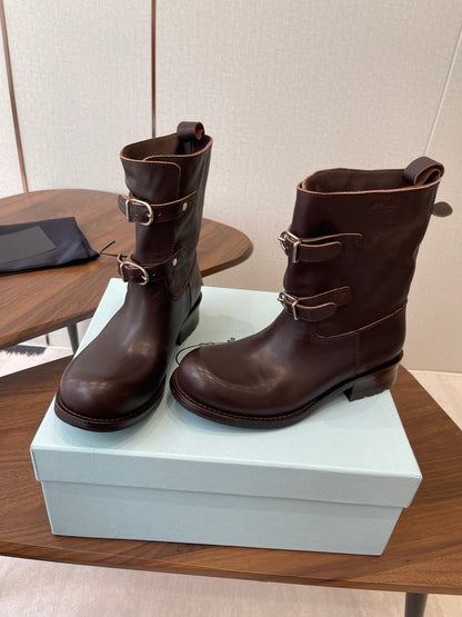 PRADA 25S TWO-BUTTON COWBOY BOOTS IN RK BROWN CALFSKIN WITH SILVER HARDWARE
