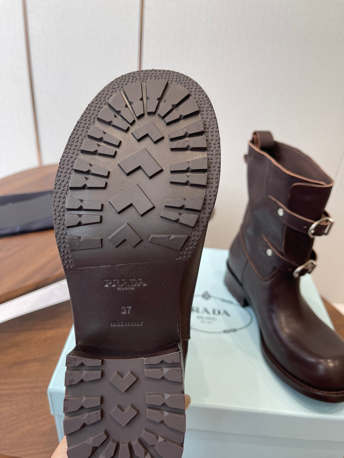 PRADA 25S TWO-BUTTON COWBOY BOOTS IN RK BROWN CALFSKIN WITH SILVER HARDWARE