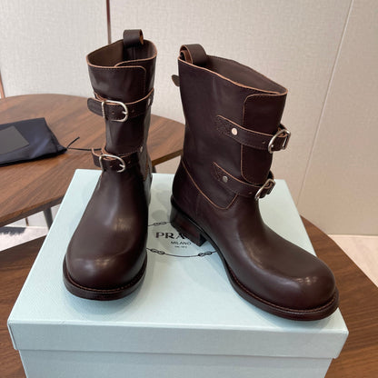 PRADA 25S TWO-BUTTON COWBOY BOOTS IN RK BROWN CALFSKIN WITH SILVER HARDWARE