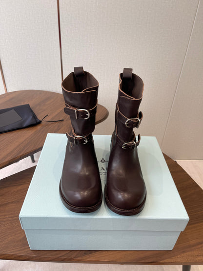 PRADA 25S TWO-BUTTON COWBOY BOOTS IN RK BROWN CALFSKIN WITH SILVER HARDWARE