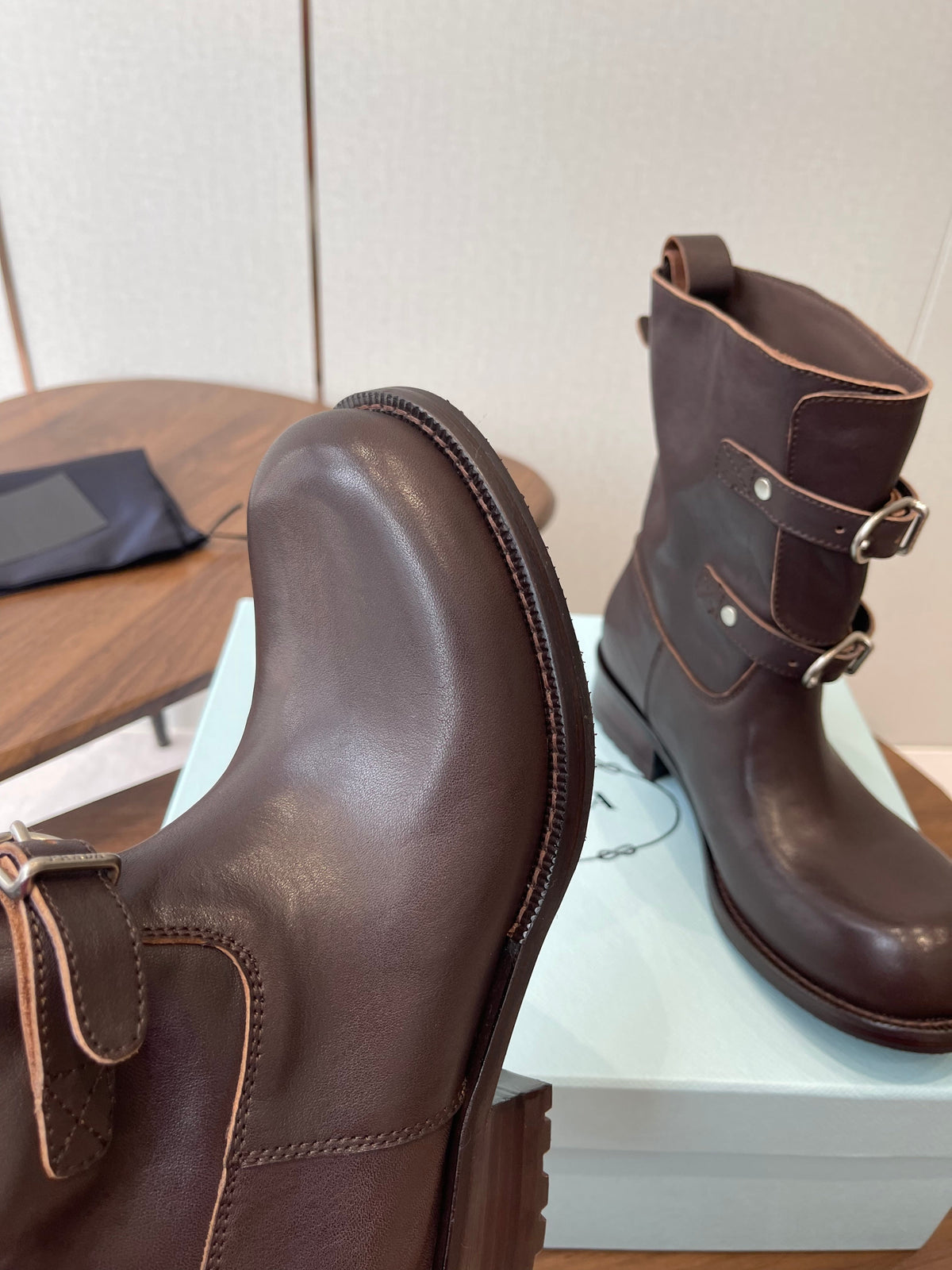 PRADA 25S TWO-BUTTON COWBOY BOOTS IN RK BROWN CALFSKIN WITH SILVER HARDWARE