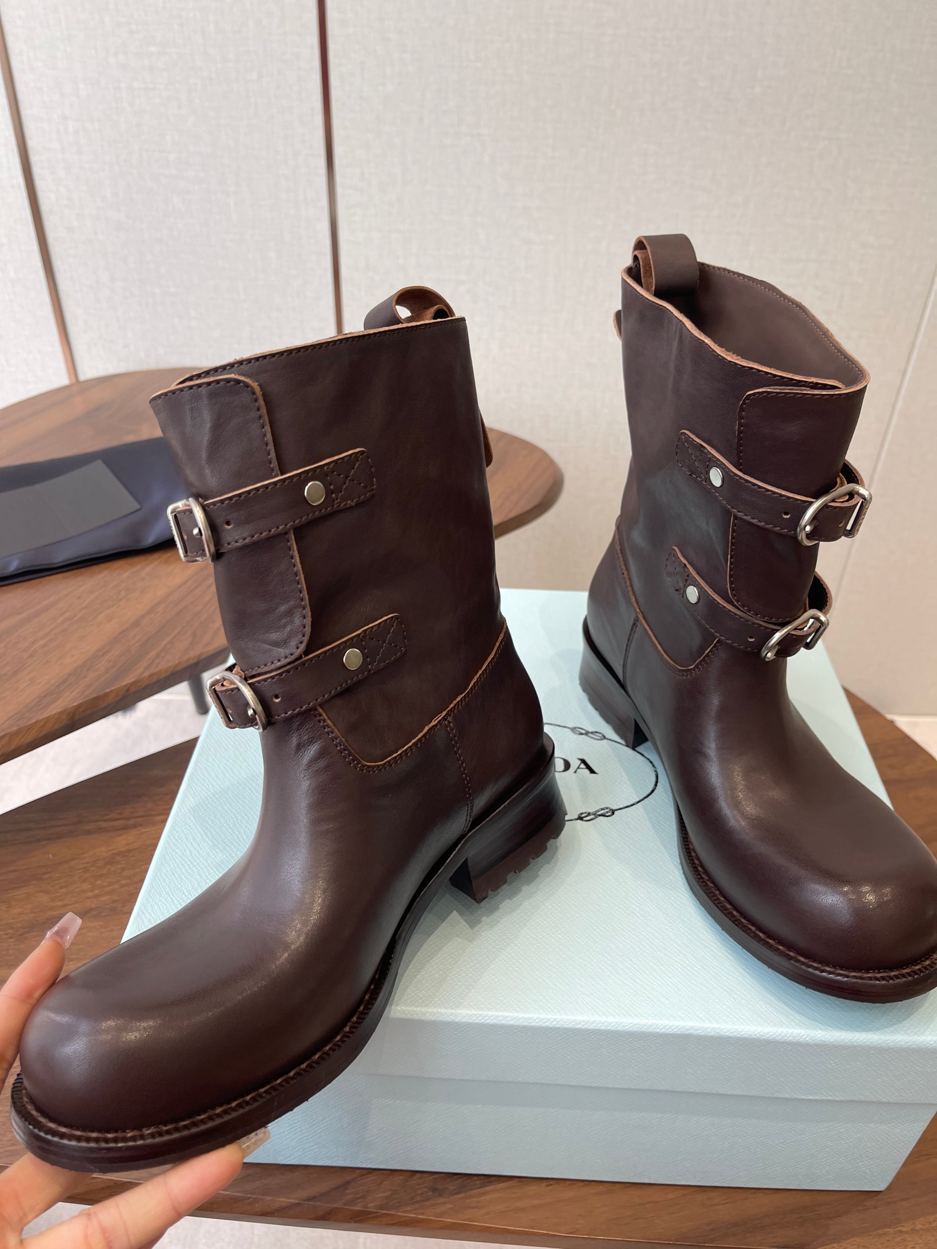 PRADA 25S TWO-BUTTON COWBOY BOOTS IN RK BROWN CALFSKIN WITH SILVER HARDWARE