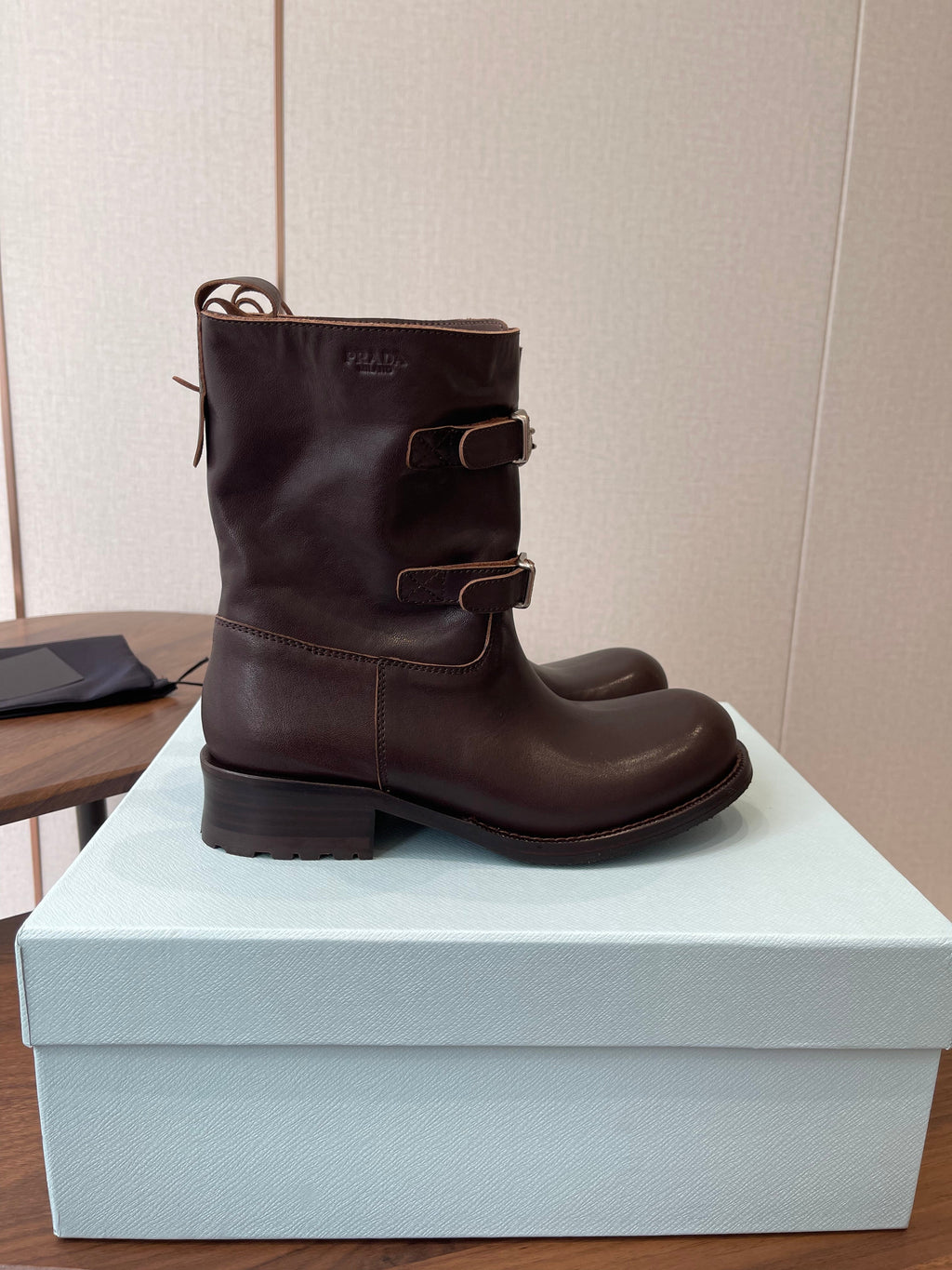 PRADA 25S TWO-BUTTON COWBOY BOOTS IN RK BROWN CALFSKIN WITH SILVER HARDWARE