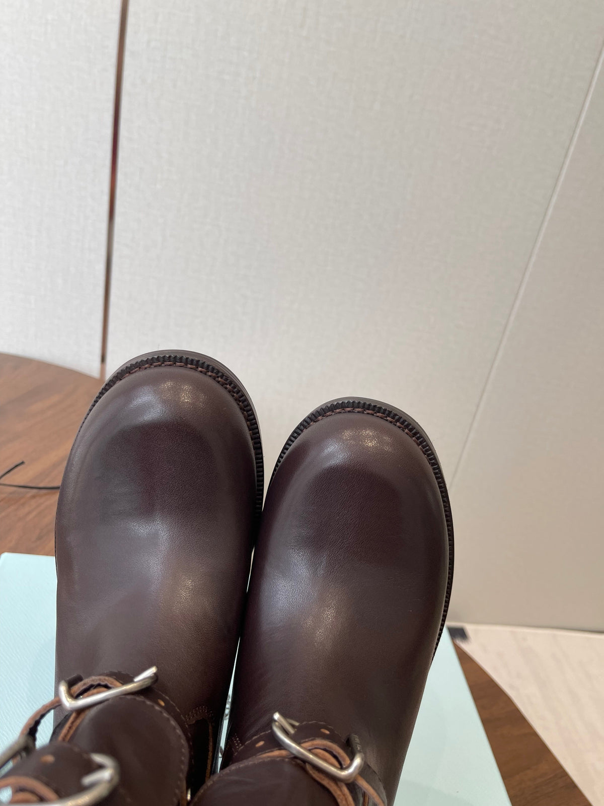PRADA 25S TWO-BUTTON COWBOY BOOTS IN RK BROWN CALFSKIN WITH SILVER HARDWARE