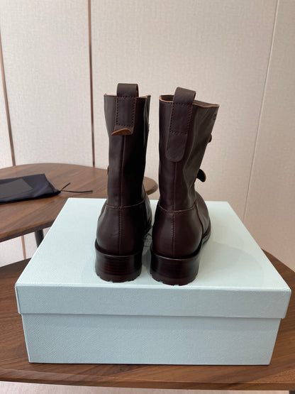 PRADA 25S TWO-BUTTON COWBOY BOOTS IN RK BROWN CALFSKIN WITH SILVER HARDWARE