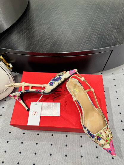 VLTN HIGH SLINGBACK 25S 80 MM IN WHITE MIX PINK FABRIC AND CALFSKIN