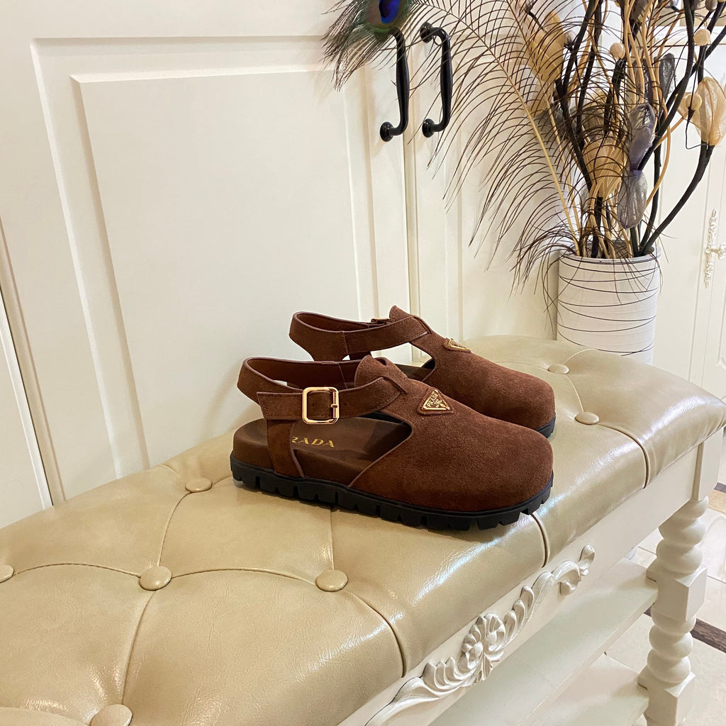 PRADA RUBBER SOLE SANLS IN COCOA BROWN SUEDE