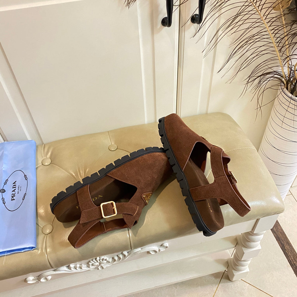 PRADA RUBBER SOLE SANLS IN COCOA BROWN SUEDE