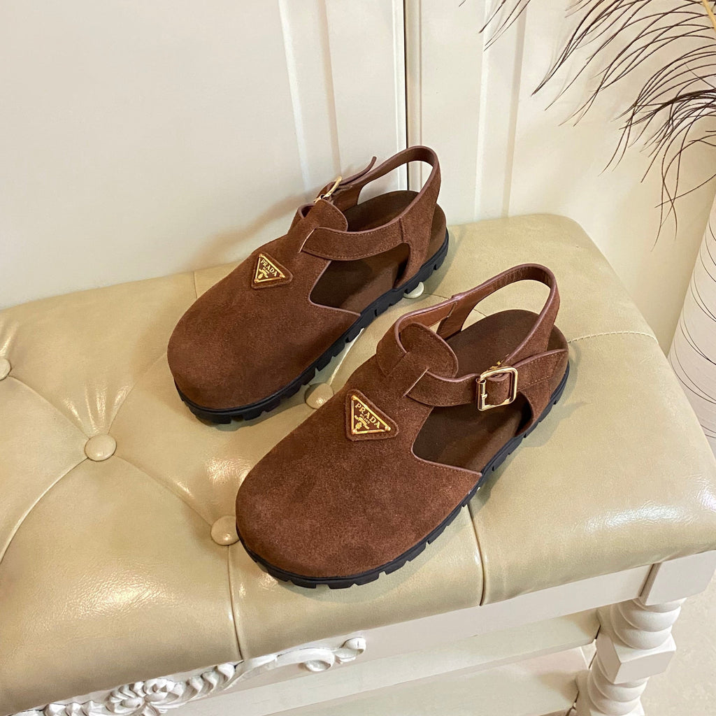 PRADA RUBBER SOLE SANLS IN COCOA BROWN SUEDE