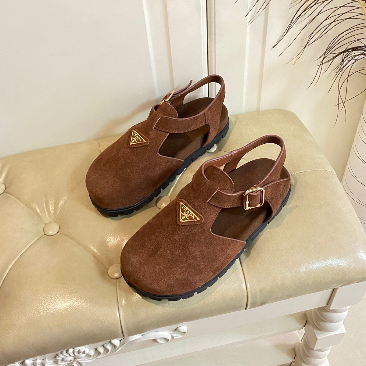 PRADA RUBBER SOLE SANLS IN COCOA BROWN SUEDE