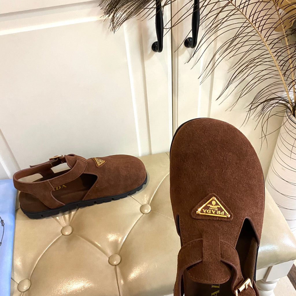 PRADA RUBBER SOLE SANLS IN COCOA BROWN SUEDE