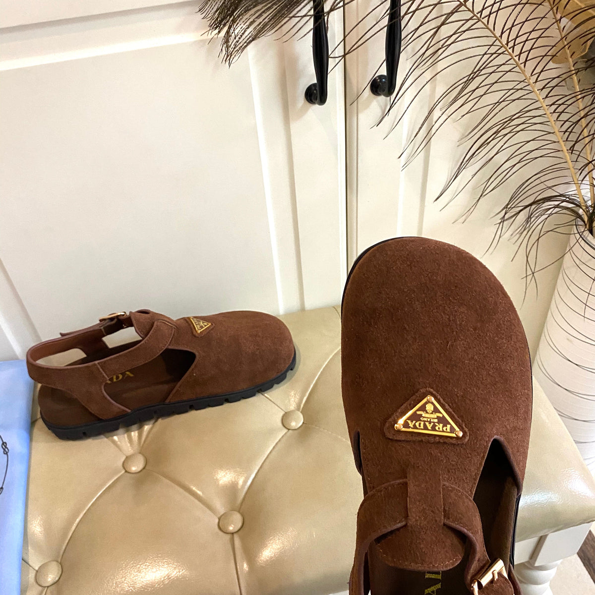 PRADA RUBBER SOLE SANLS IN COCOA BROWN SUEDE