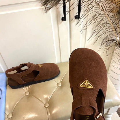 PRADA RUBBER SOLE SANLS IN COCOA BROWN SUEDE