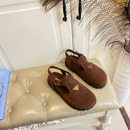 PRADA RUBBER SOLE SANLS IN COCOA BROWN SUEDE
