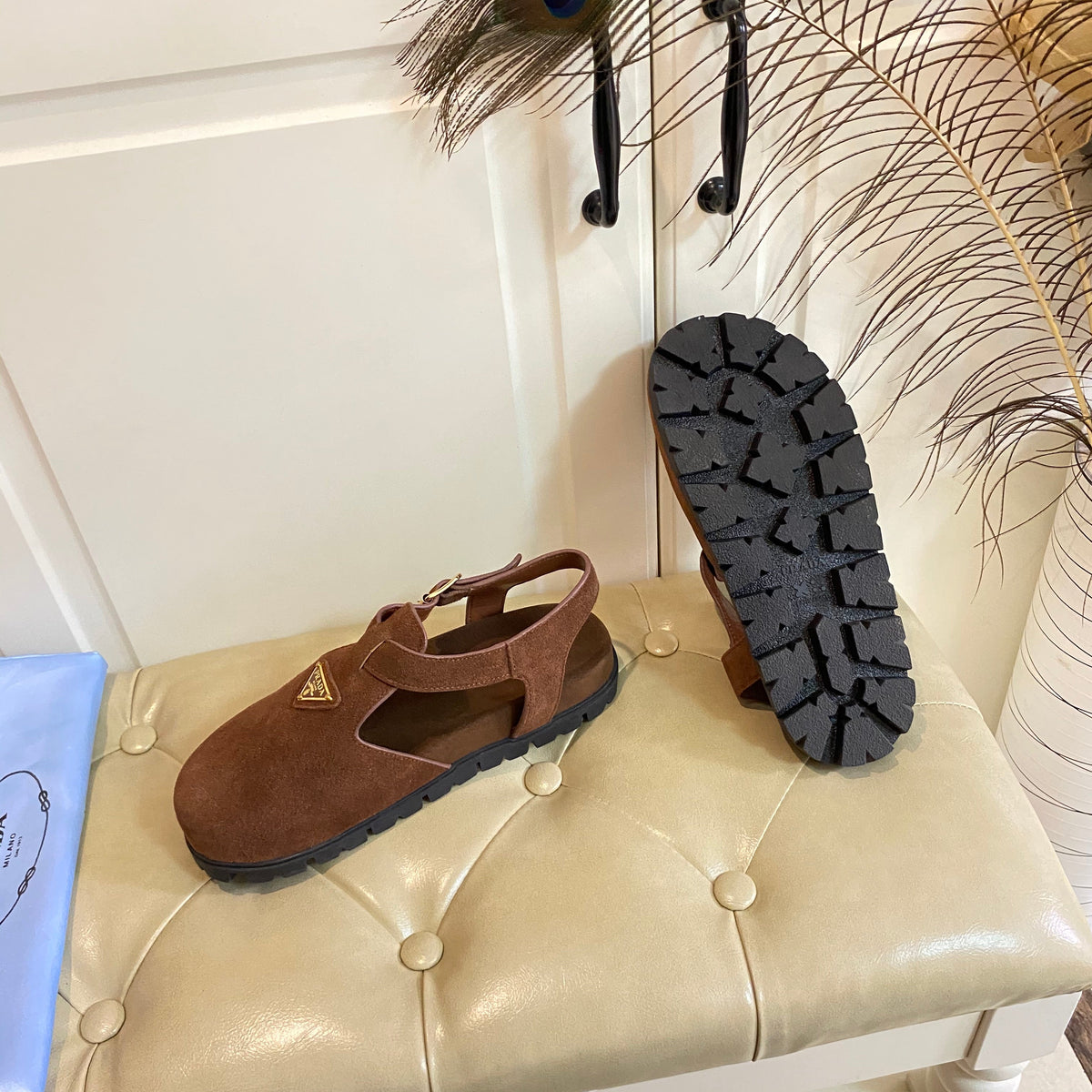 PRADA RUBBER SOLE SANLS IN COCOA BROWN SUEDE