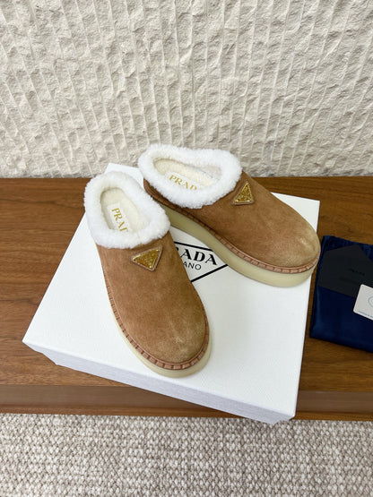 PRADA 25S PLATFORM FUR-LINED MULES IN BROWN SUEDE