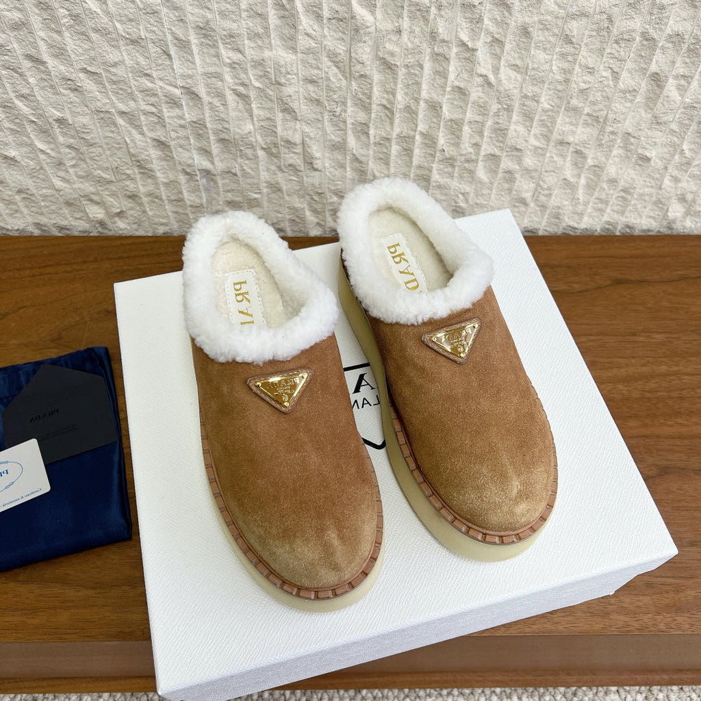 PRADA 25S PLATFORM FUR-LINED MULES IN BROWN SUEDE