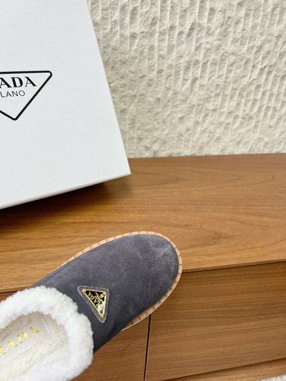 PRADA 25S PLATFORM FUR-LINED MULES IN RK GREY SUEDE