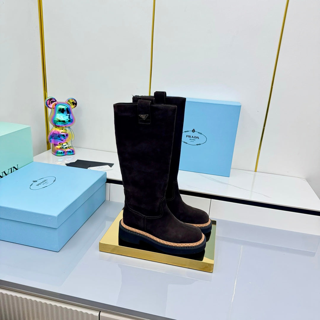 PRADA 25S HIGH BOOTS MARTIN 50MM IN RK BROWN SUEDE WITH LOGO