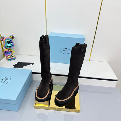 PRADA 25S HIGH BOOTS MARTIN 50MM IN RK BROWN SUEDE WITH LOGO