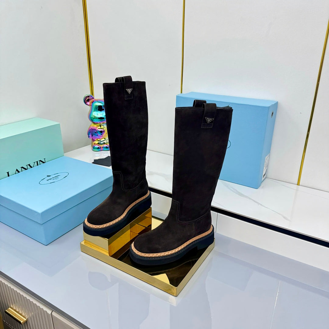 PRADA 25S HIGH BOOTS MARTIN 50MM IN RK BROWN SUEDE WITH LOGO