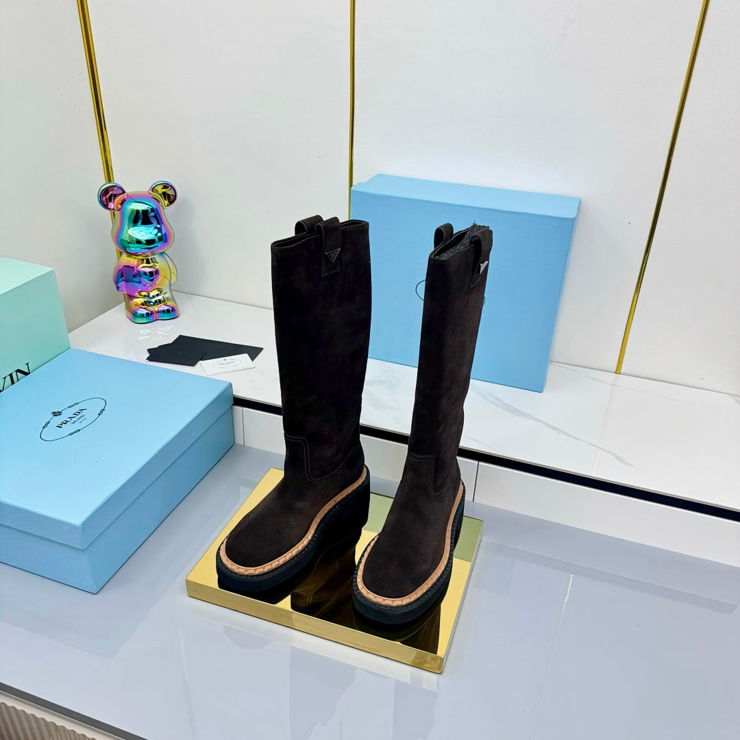PRADA 25S HIGH BOOTS MARTIN 50MM IN RK BROWN SUEDE WITH LOGO