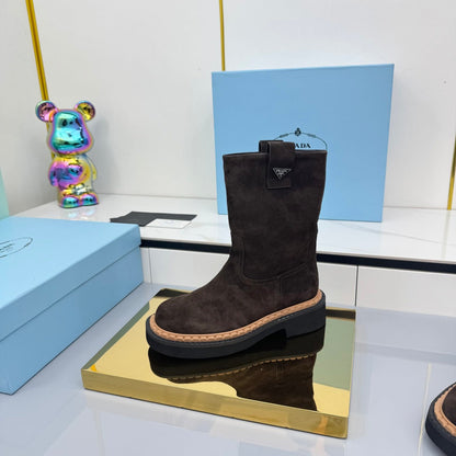 PRADA 25S HIGH MARTIN BOOTS 50MM IN RK BROWN SUEDE