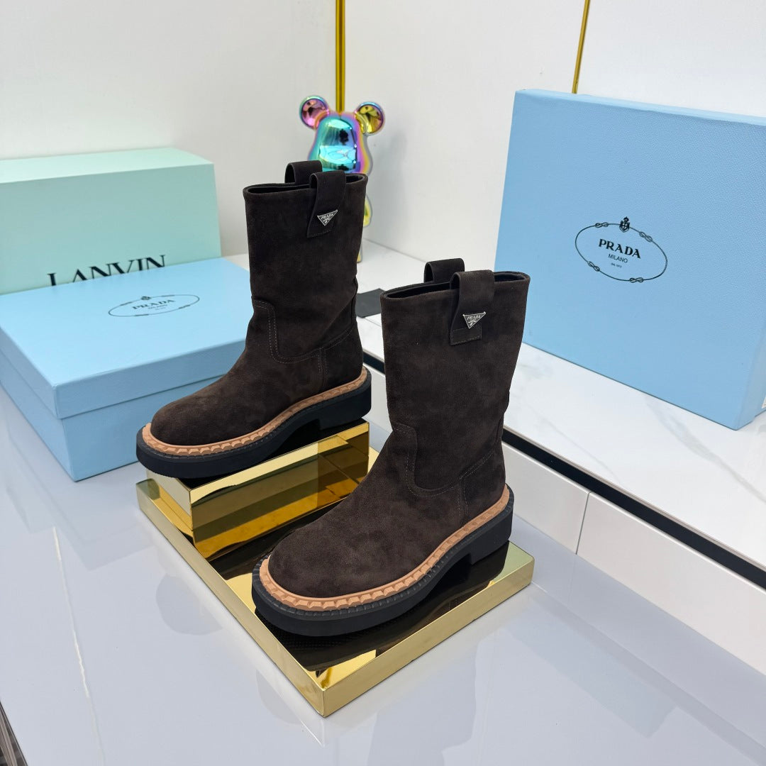 PRADA 25S HIGH MARTIN BOOTS 50MM IN RK BROWN SUEDE