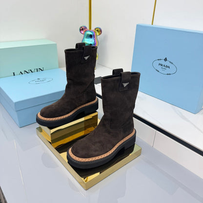 PRADA 25S HIGH MARTIN BOOTS 50MM IN RK BROWN SUEDE