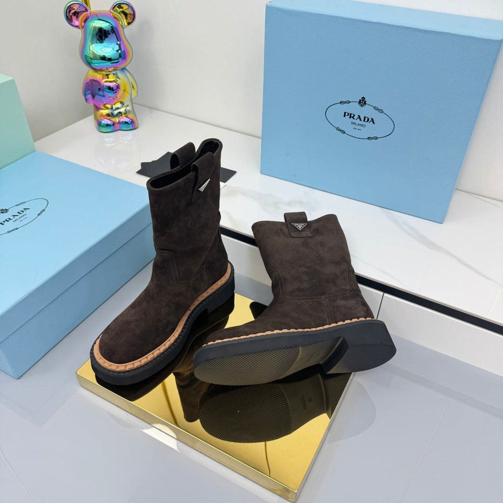 PRADA 25S HIGH MARTIN BOOTS 50MM IN RK BROWN SUEDE