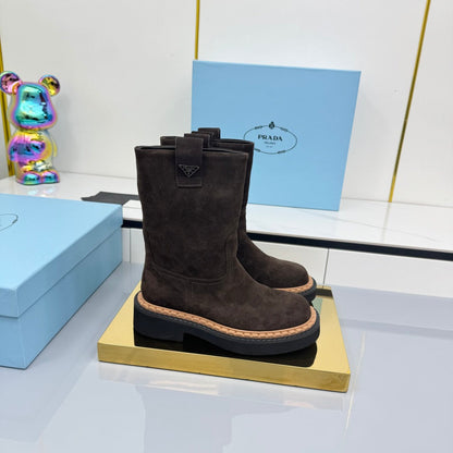 PRADA 25S HIGH MARTIN BOOTS 50MM IN RK BROWN SUEDE