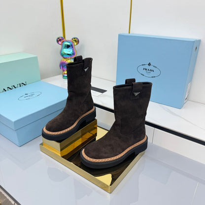 PRADA 25S HIGH MARTIN BOOTS 50MM IN RK BROWN SUEDE