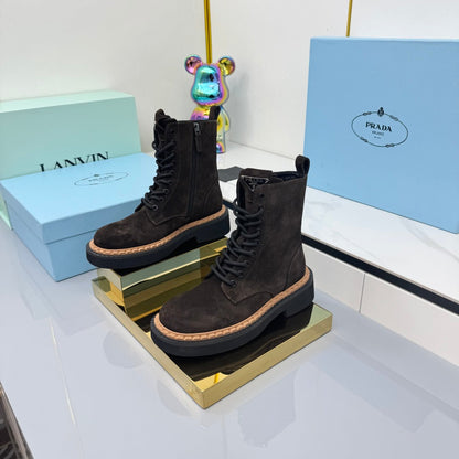 PRADA 25S LONG THICK SOLED MARTIN BOOTS 50MM IN RK BROWN SUEDE