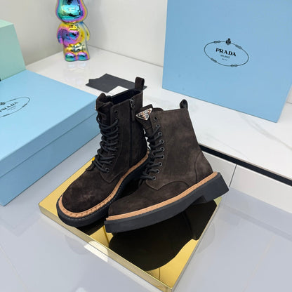 PRADA 25S LONG THICK SOLED MARTIN BOOTS 50MM IN RK BROWN SUEDE