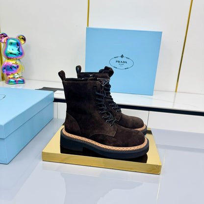 PRADA 25S LONG THICK SOLED MARTIN BOOTS 50MM IN RK BROWN SUEDE