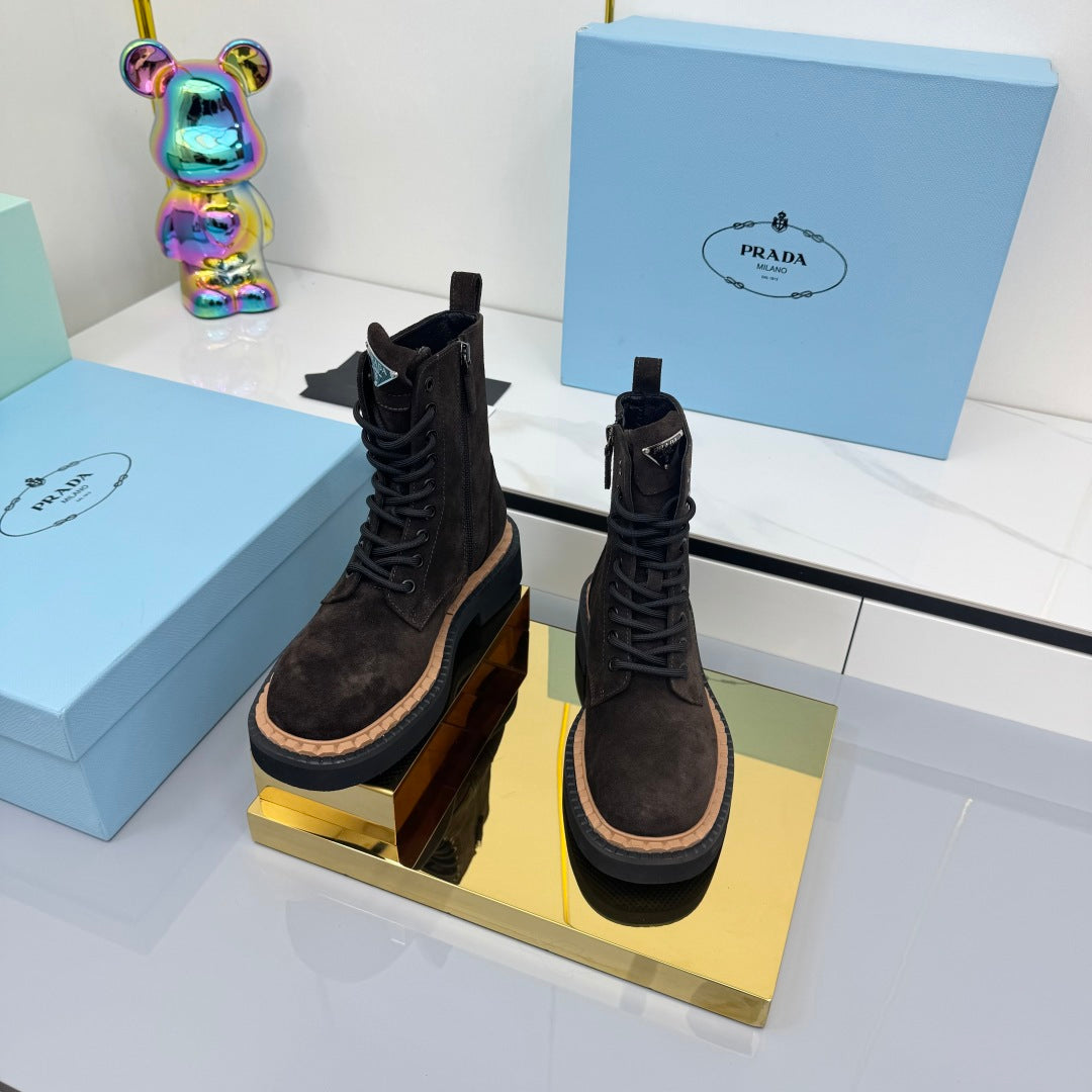PRADA 25S LONG THICK SOLED MARTIN BOOTS 50MM IN RK BROWN SUEDE