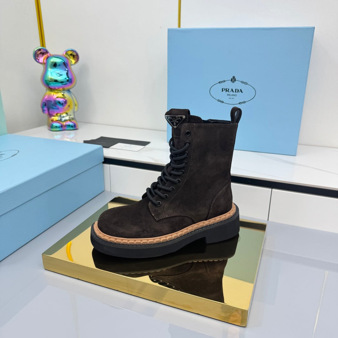 PRADA 25S LONG THICK SOLED MARTIN BOOTS 50MM IN RK BROWN SUEDE
