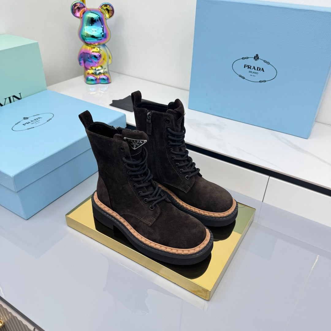 PRADA 25S LONG THICK SOLED MARTIN BOOTS 50MM IN RK BROWN SUEDE